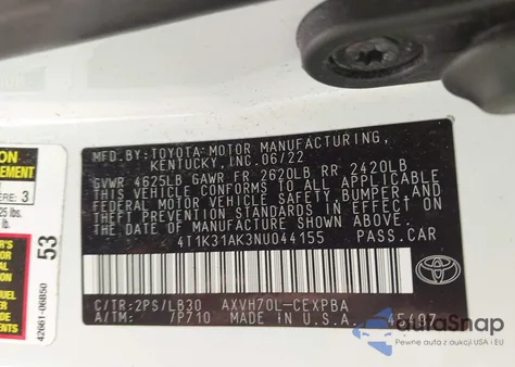 2022 Toyota Camry Xse Hybrid z USA, uszkodzony, nr VIN 4T1K31AK3NU044155